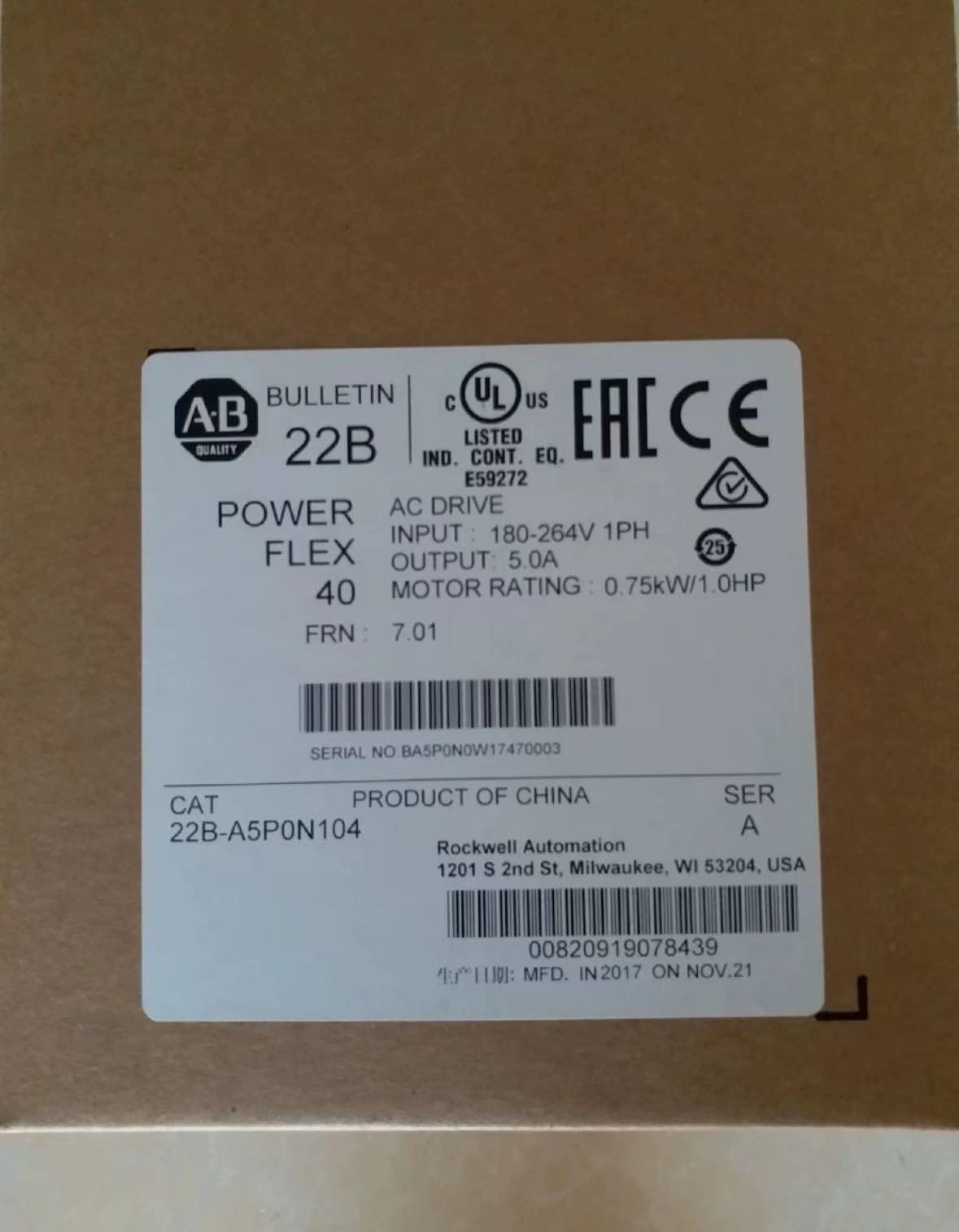 22B-A5P0N104-ALLEN BRADLEY PowerFlex 40 serisi 0.75 kW Sürücü